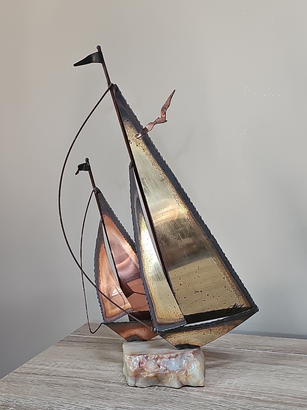Handcrafted Brass and Copper Sailboat Sculpture - Signed By Artist Mario Jason